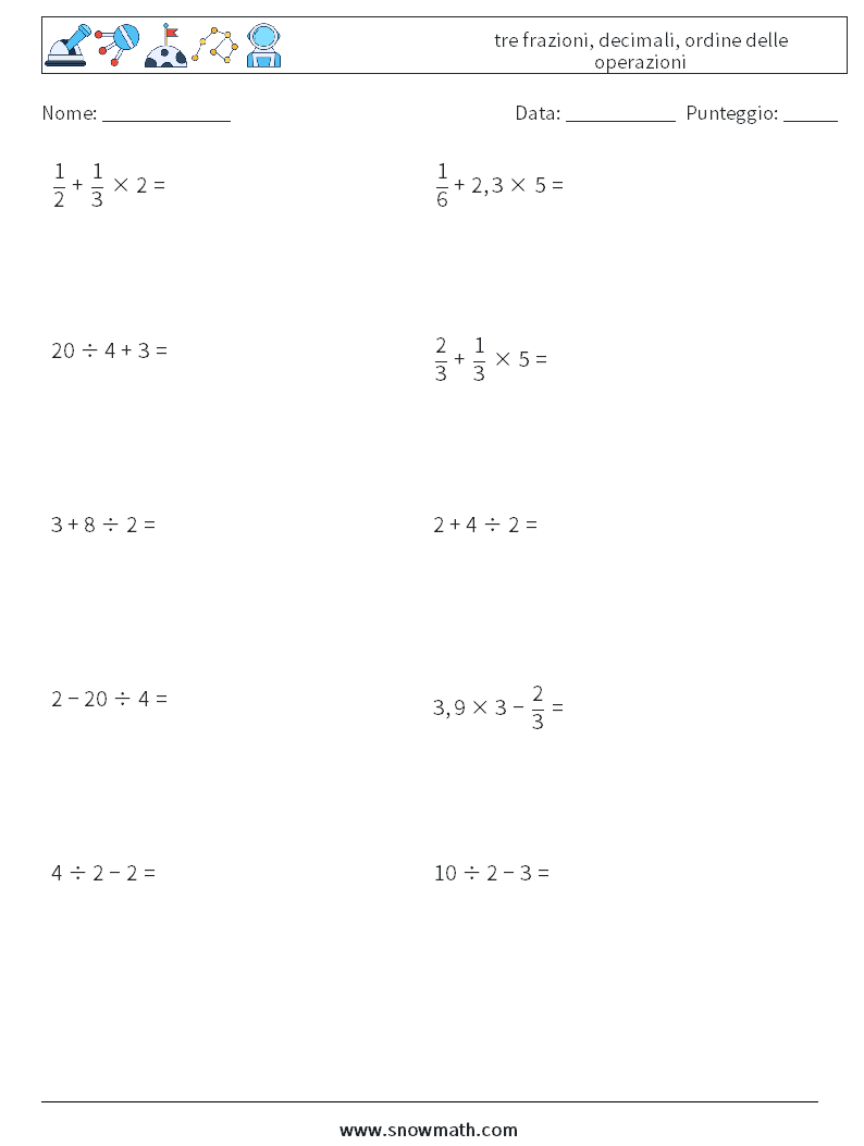 (10) tre frazioni, decimali, ordine delle operazioni Fogli di lavoro di matematica 12