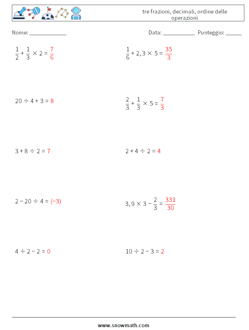 (10) tre frazioni, decimali, ordine delle operazioni Fogli di lavoro di matematica 12 Domanda, Risposta