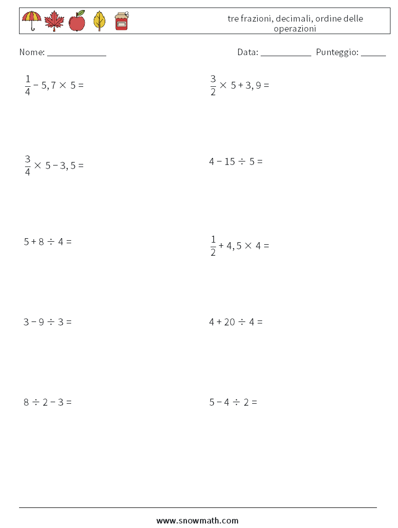 (10) tre frazioni, decimali, ordine delle operazioni Fogli di lavoro di matematica 14
