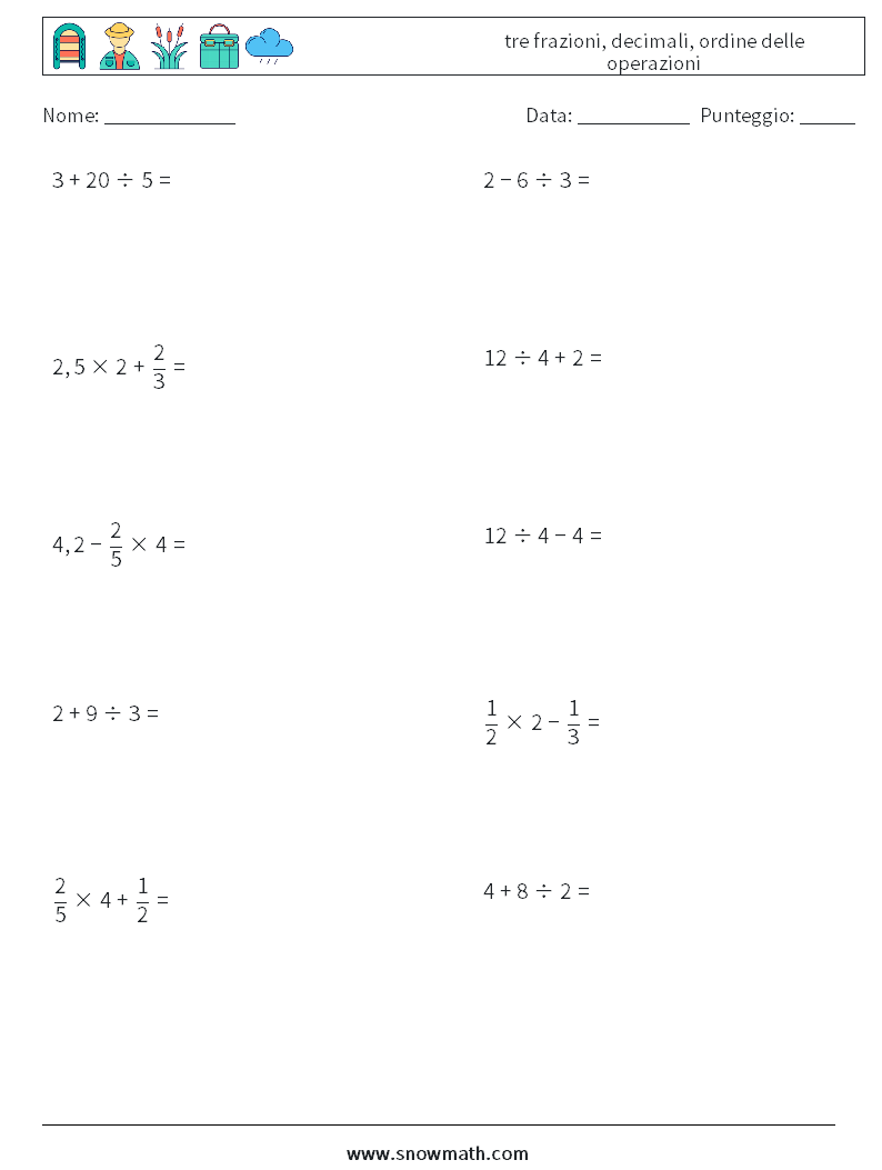 (10) tre frazioni, decimali, ordine delle operazioni Fogli di lavoro di matematica 16