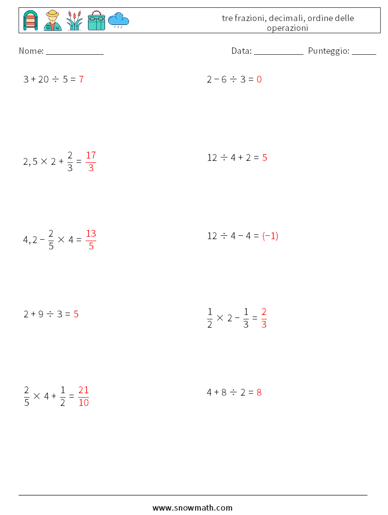 (10) tre frazioni, decimali, ordine delle operazioni Fogli di lavoro di matematica 16 Domanda, Risposta