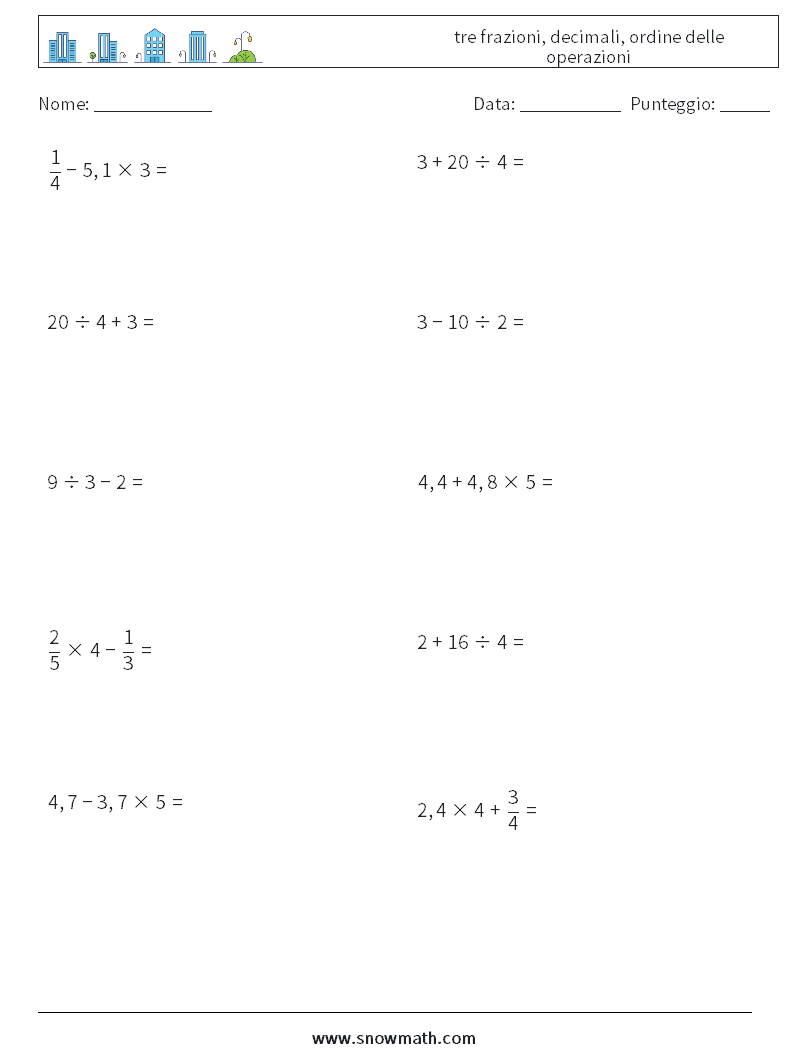 (10) tre frazioni, decimali, ordine delle operazioni Fogli di lavoro di matematica 17