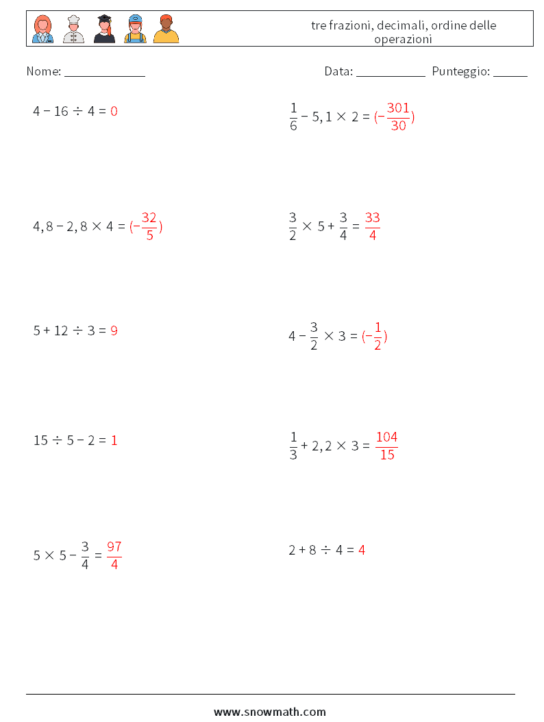 (10) tre frazioni, decimali, ordine delle operazioni Fogli di lavoro di matematica 18 Domanda, Risposta