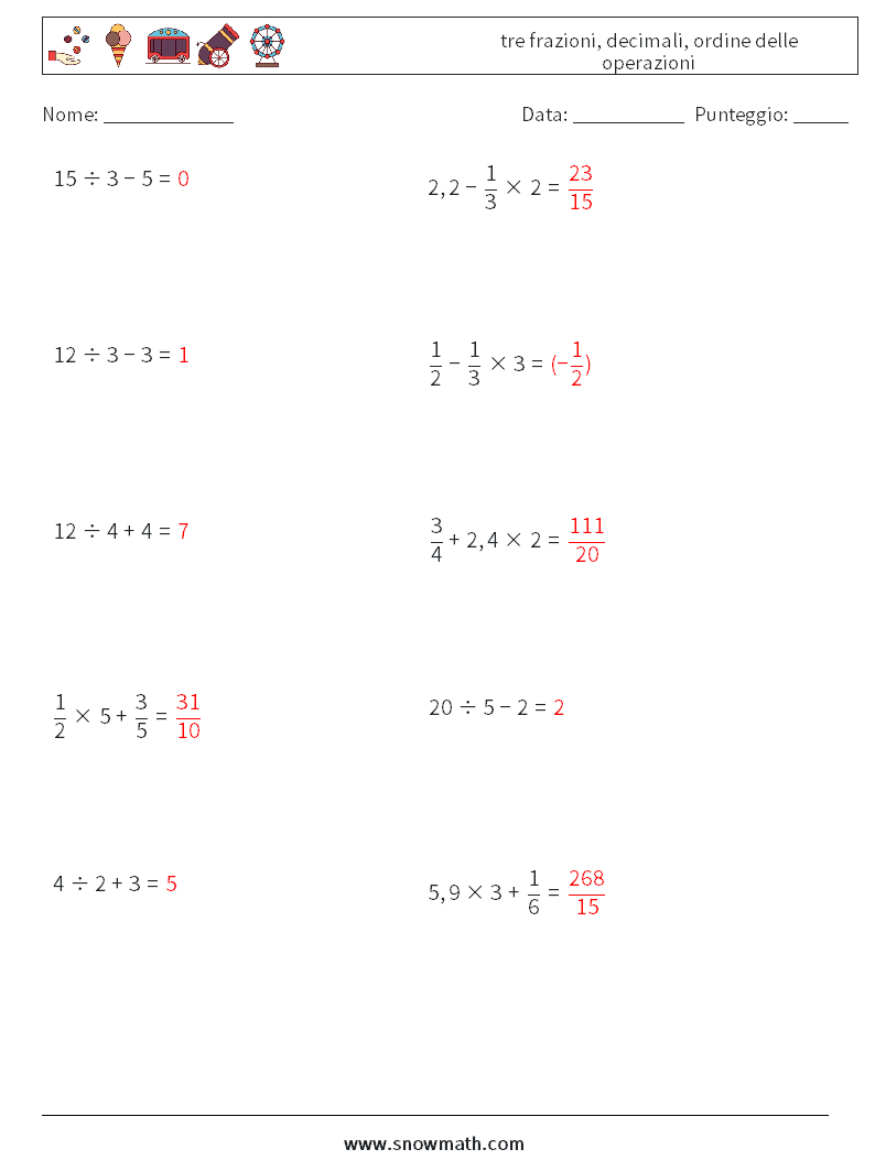(10) tre frazioni, decimali, ordine delle operazioni Fogli di lavoro di matematica 6 Domanda, Risposta