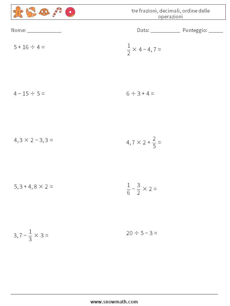 (10) tre frazioni, decimali, ordine delle operazioni Fogli di lavoro di matematica 7