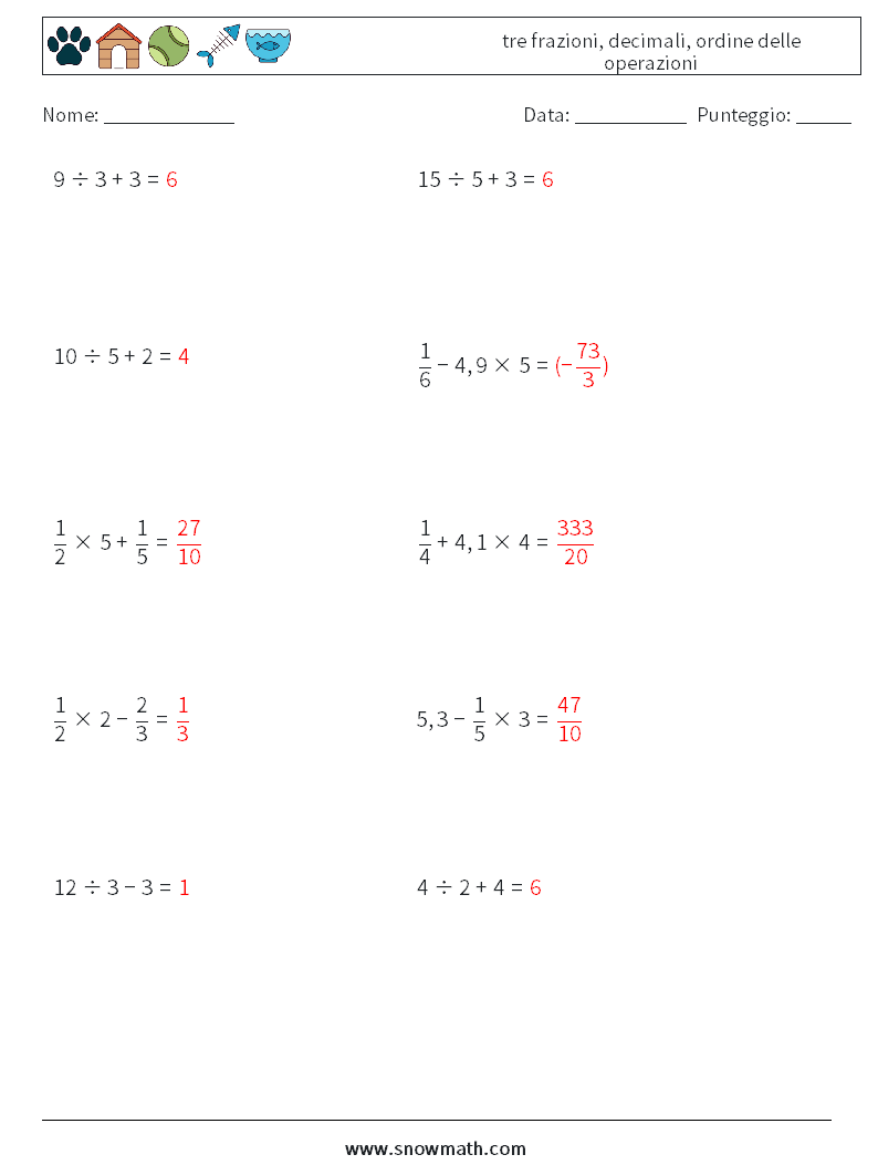 (10) tre frazioni, decimali, ordine delle operazioni Fogli di lavoro di matematica 8 Domanda, Risposta