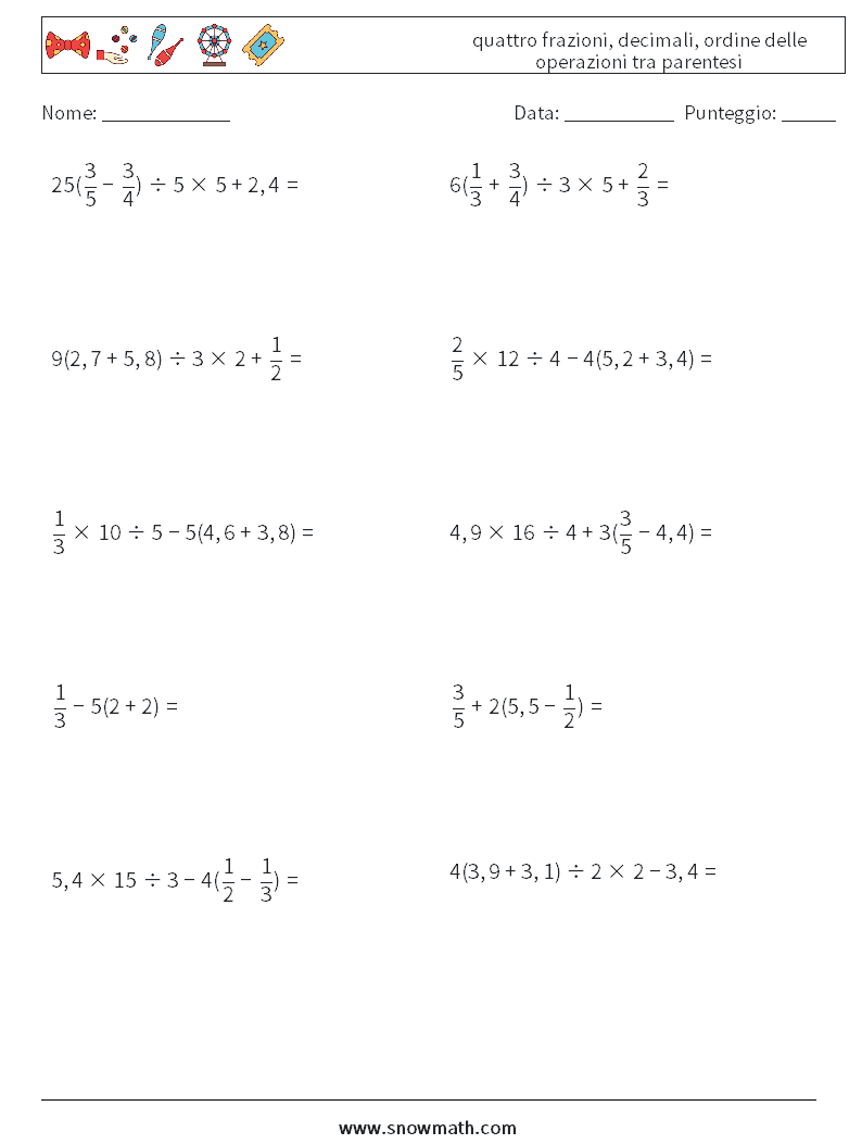 (10) quattro frazioni, decimali, ordine delle operazioni tra parentesi Fogli di lavoro di matematica 14