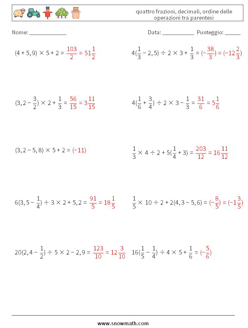 (10) quattro frazioni, decimali, ordine delle operazioni tra parentesi Fogli di lavoro di matematica 17 Domanda, Risposta