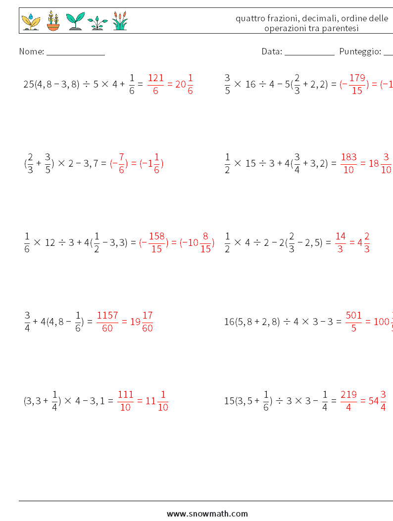 (10) quattro frazioni, decimali, ordine delle operazioni tra parentesi Fogli di lavoro di matematica 18 Domanda, Risposta