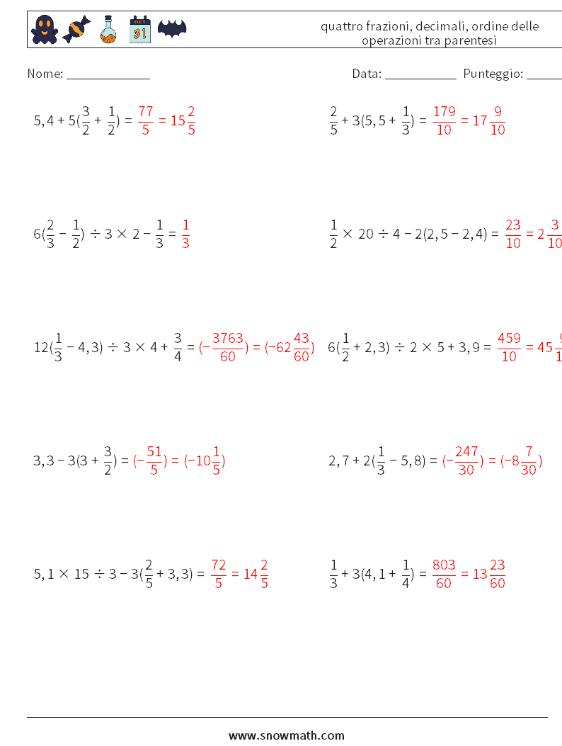 (10) quattro frazioni, decimali, ordine delle operazioni tra parentesi Fogli di lavoro di matematica 3 Domanda, Risposta