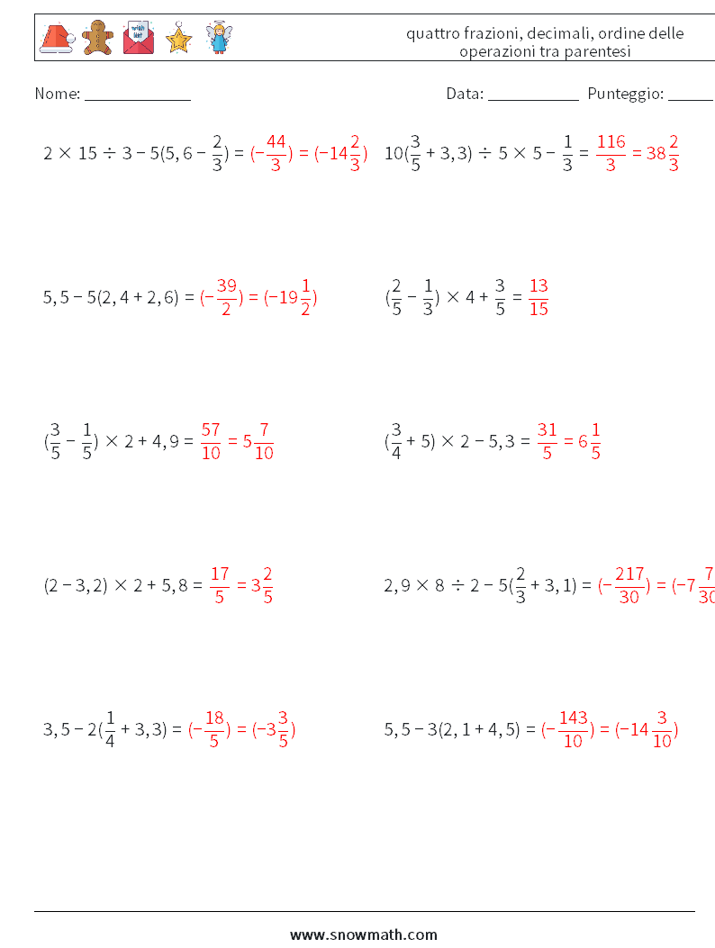 (10) quattro frazioni, decimali, ordine delle operazioni tra parentesi Fogli di lavoro di matematica 4 Domanda, Risposta