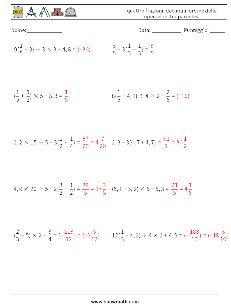 (10) quattro frazioni, decimali, ordine delle operazioni tra parentesi Fogli di lavoro di matematica 5 Domanda, Risposta