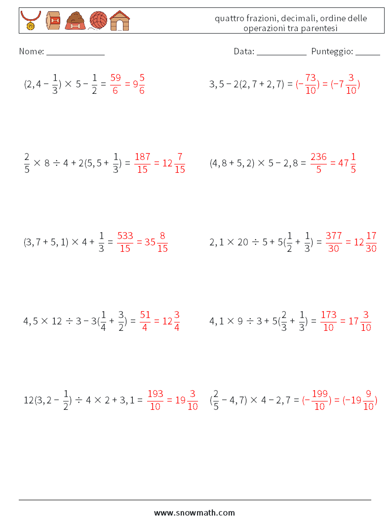 (10) quattro frazioni, decimali, ordine delle operazioni tra parentesi Fogli di lavoro di matematica 6 Domanda, Risposta