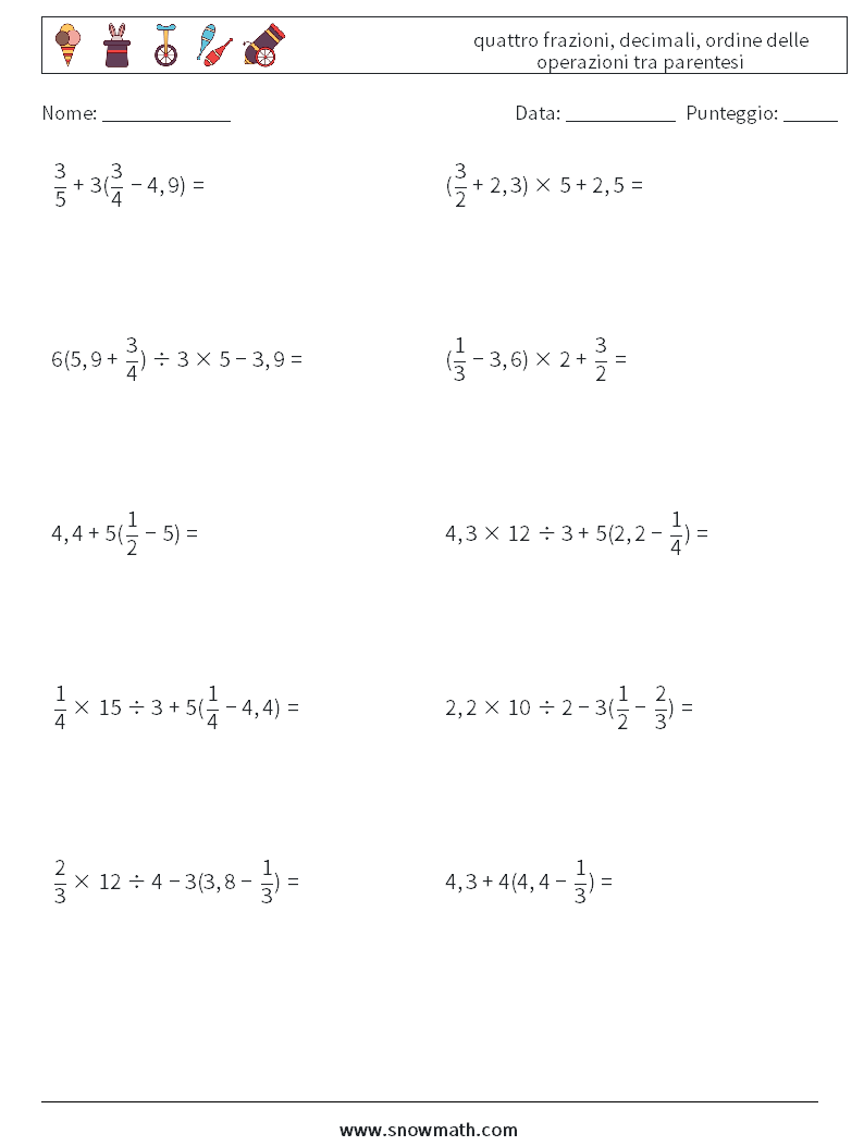 (10) quattro frazioni, decimali, ordine delle operazioni tra parentesi Fogli di lavoro di matematica 7