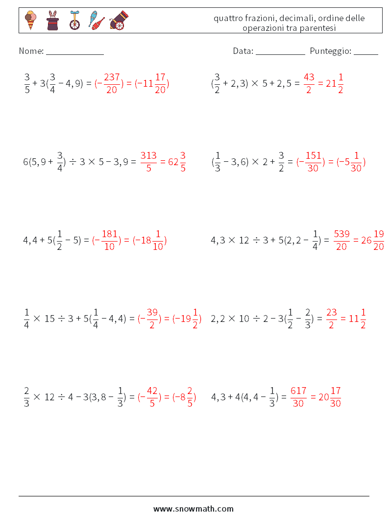 (10) quattro frazioni, decimali, ordine delle operazioni tra parentesi Fogli di lavoro di matematica 7 Domanda, Risposta