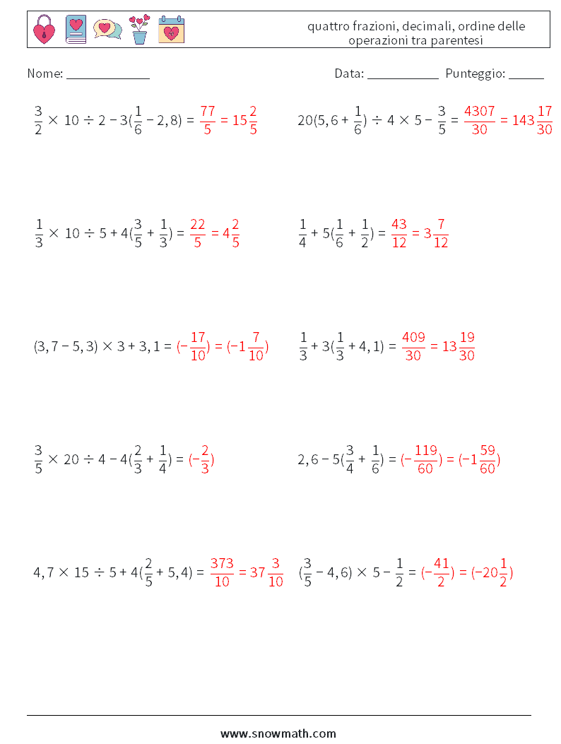 (10) quattro frazioni, decimali, ordine delle operazioni tra parentesi Fogli di lavoro di matematica 8 Domanda, Risposta