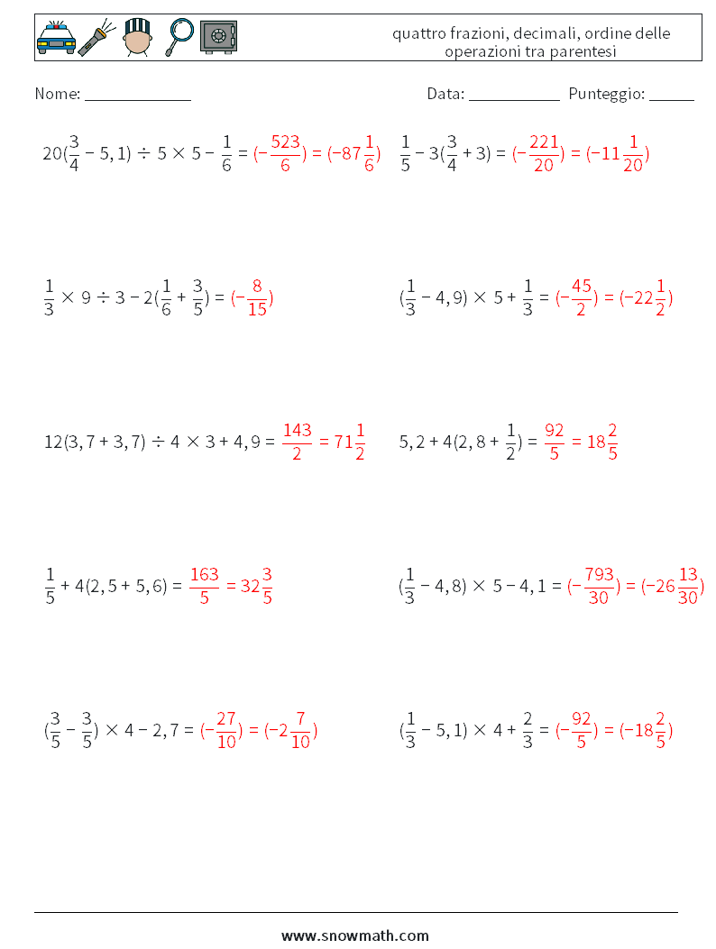 (10) quattro frazioni, decimali, ordine delle operazioni tra parentesi Fogli di lavoro di matematica 9 Domanda, Risposta