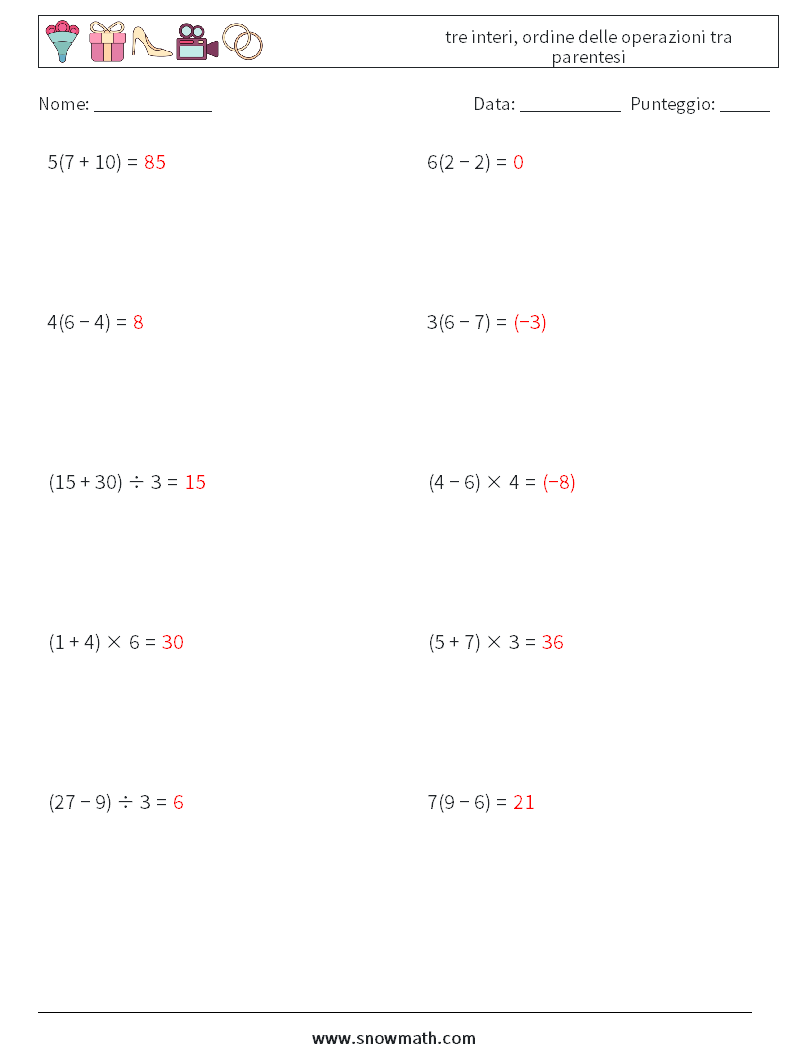 (10) tre interi, ordine delle operazioni tra parentesi Fogli di lavoro di matematica 10 Domanda, Risposta