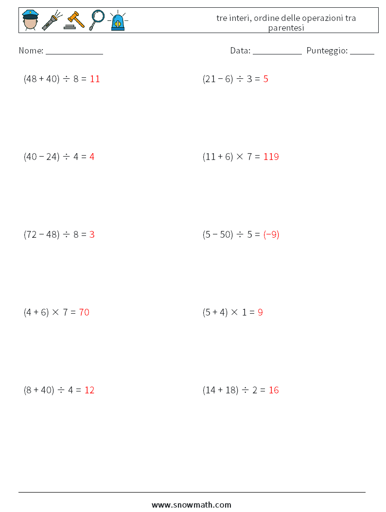(10) tre interi, ordine delle operazioni tra parentesi Fogli di lavoro di matematica 11 Domanda, Risposta