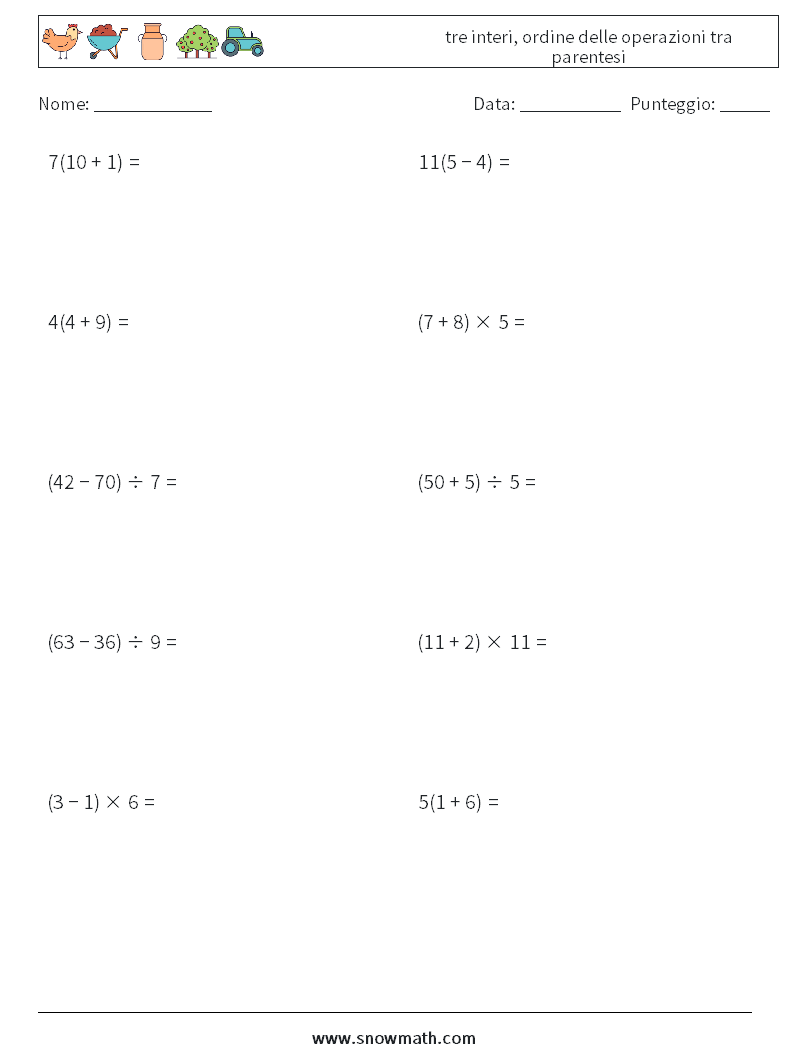 (10) tre interi, ordine delle operazioni tra parentesi Fogli di lavoro di matematica 12