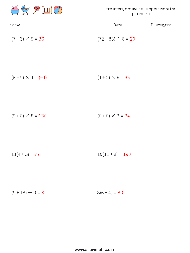 (10) tre interi, ordine delle operazioni tra parentesi Fogli di lavoro di matematica 15 Domanda, Risposta