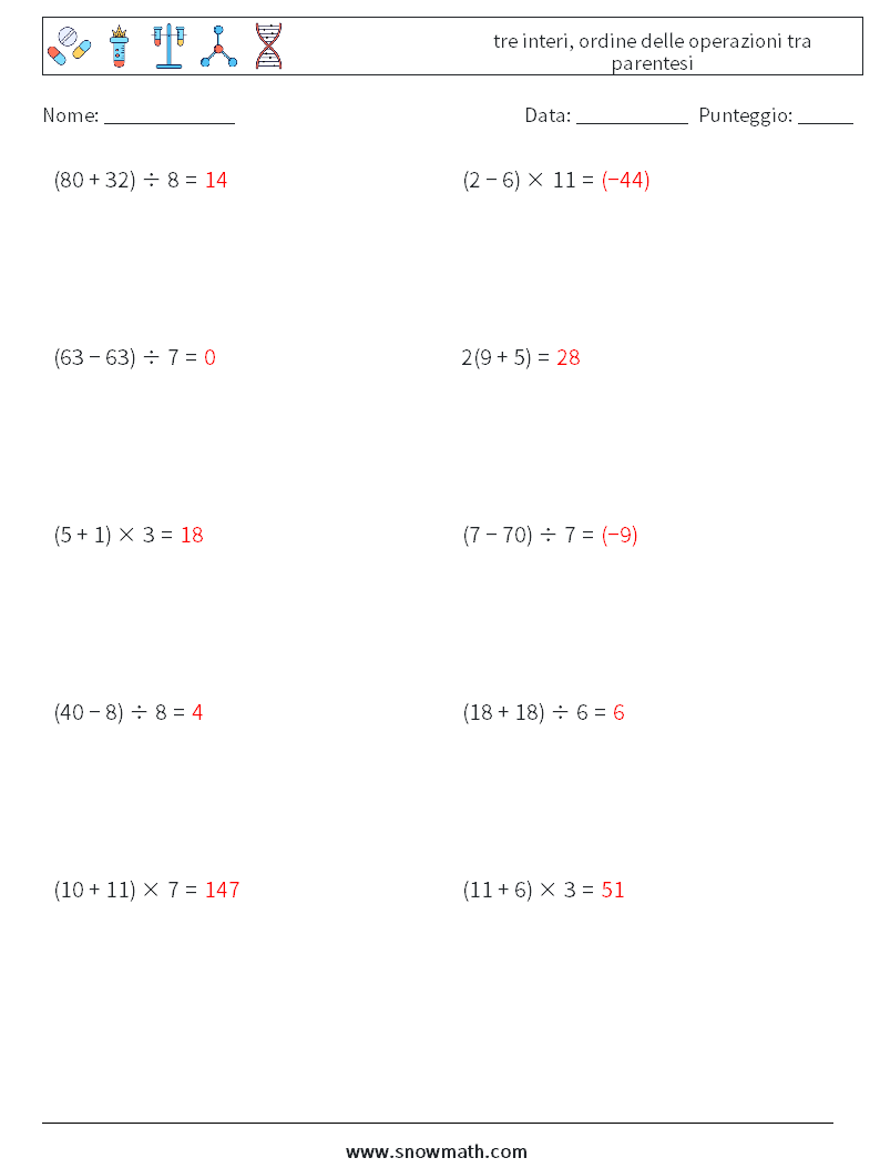 (10) tre interi, ordine delle operazioni tra parentesi Fogli di lavoro di matematica 17 Domanda, Risposta