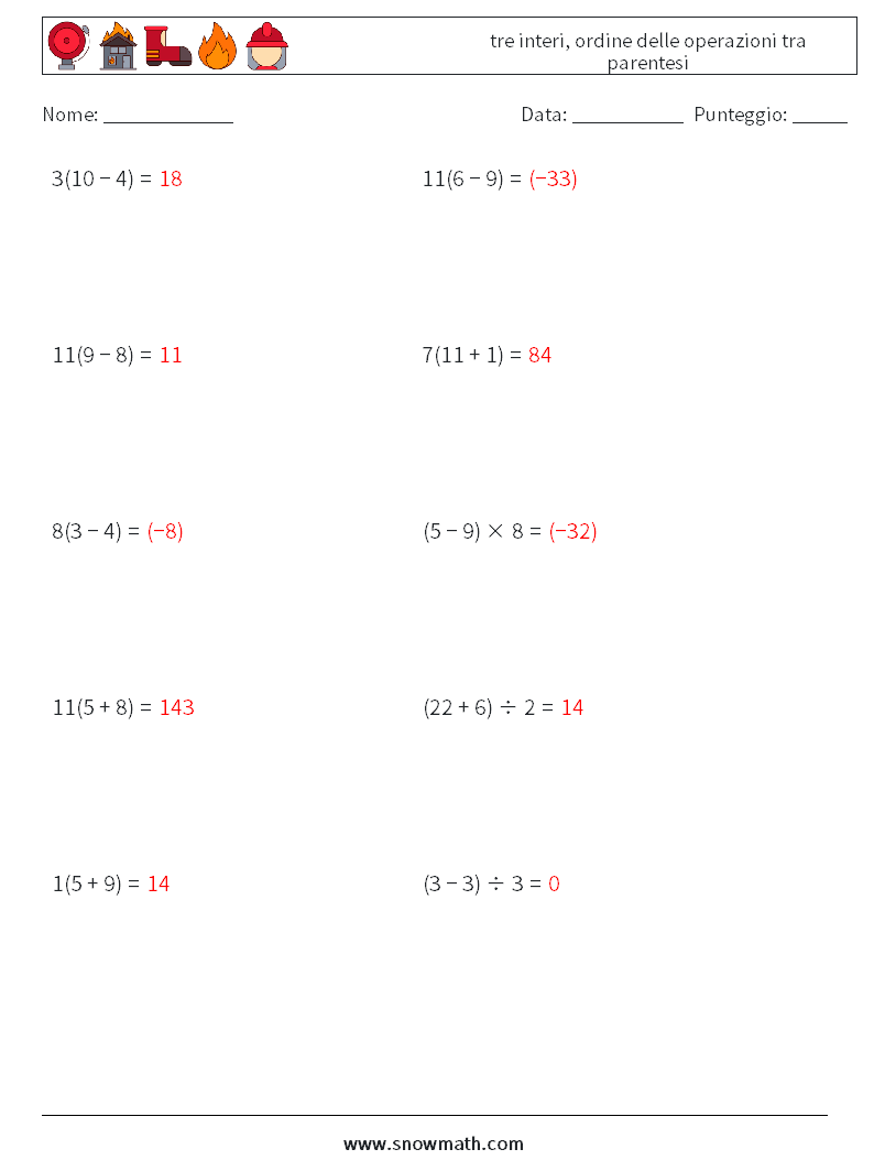 (10) tre interi, ordine delle operazioni tra parentesi Fogli di lavoro di matematica 2 Domanda, Risposta
