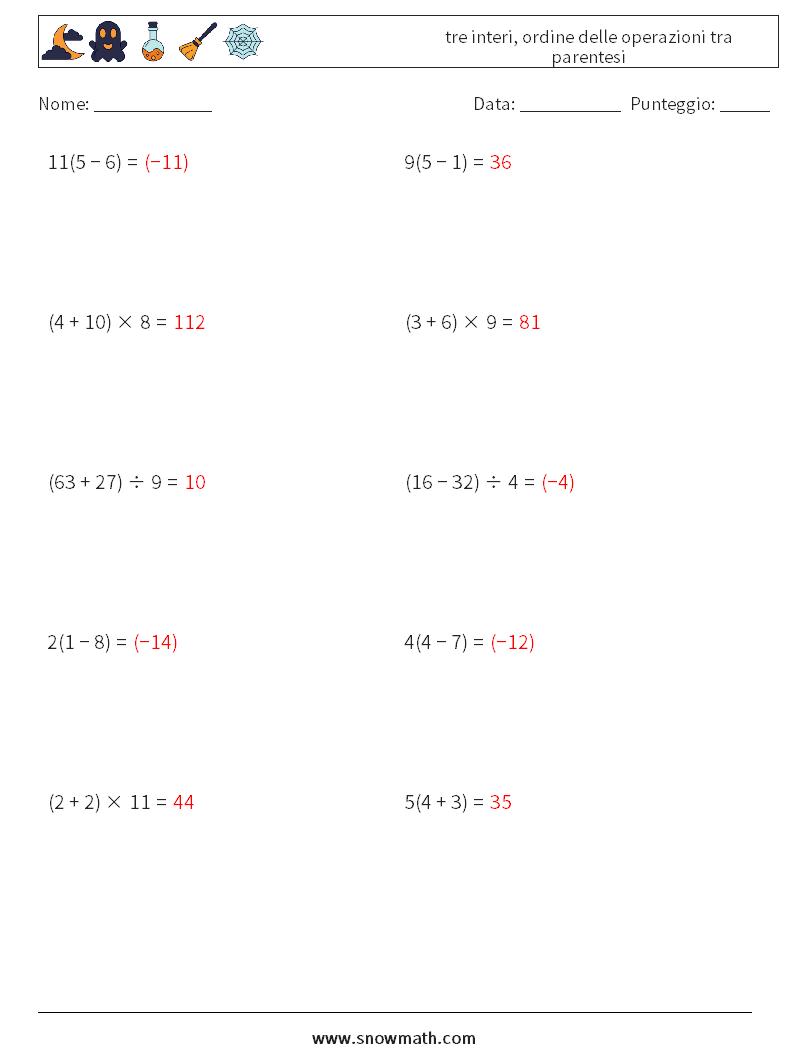 (10) tre interi, ordine delle operazioni tra parentesi Fogli di lavoro di matematica 3 Domanda, Risposta