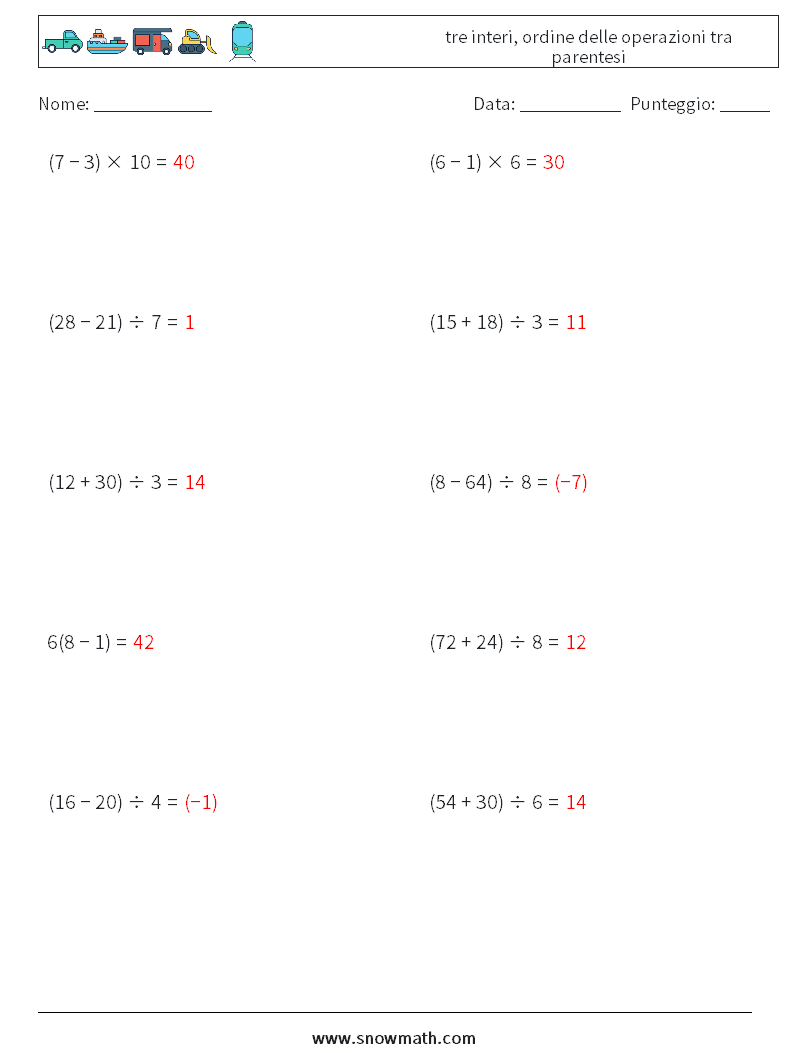 (10) tre interi, ordine delle operazioni tra parentesi Fogli di lavoro di matematica 4 Domanda, Risposta