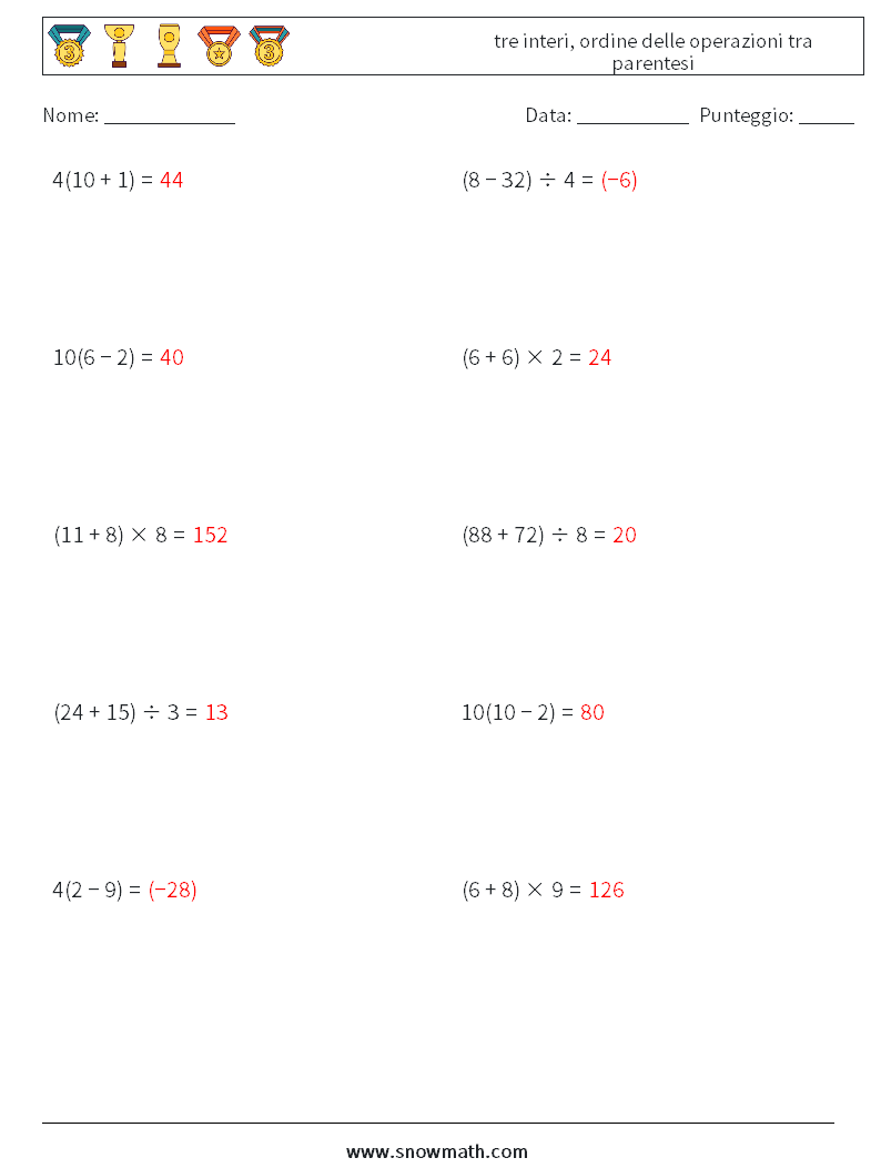 (10) tre interi, ordine delle operazioni tra parentesi Fogli di lavoro di matematica 5 Domanda, Risposta