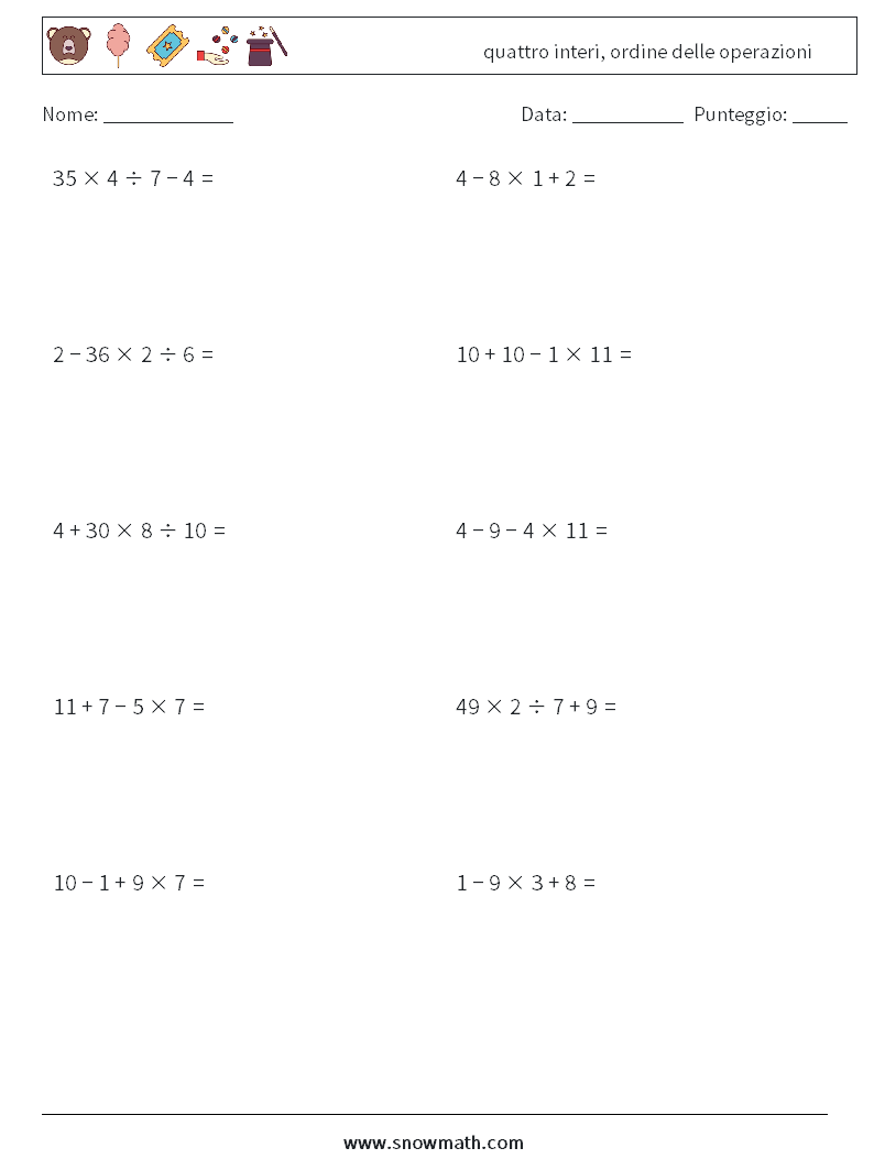 (10) quattro interi, ordine delle operazioni Fogli di lavoro di matematica 10