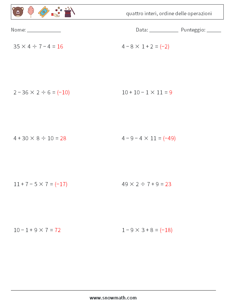 (10) quattro interi, ordine delle operazioni Fogli di lavoro di matematica 10 Domanda, Risposta