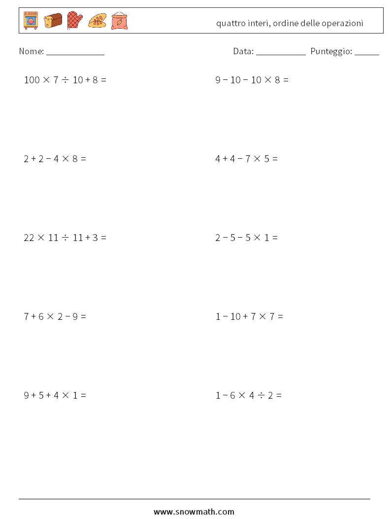 (10) quattro interi, ordine delle operazioni Fogli di lavoro di matematica 12