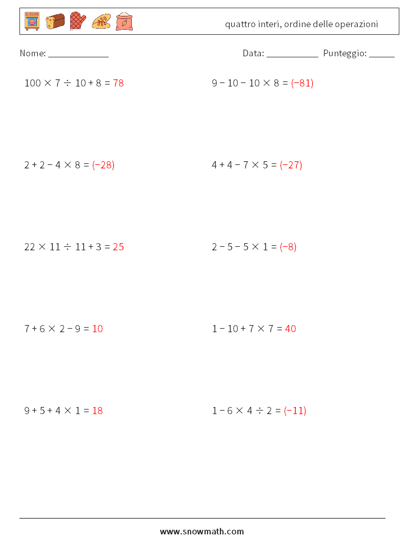 (10) quattro interi, ordine delle operazioni Fogli di lavoro di matematica 12 Domanda, Risposta