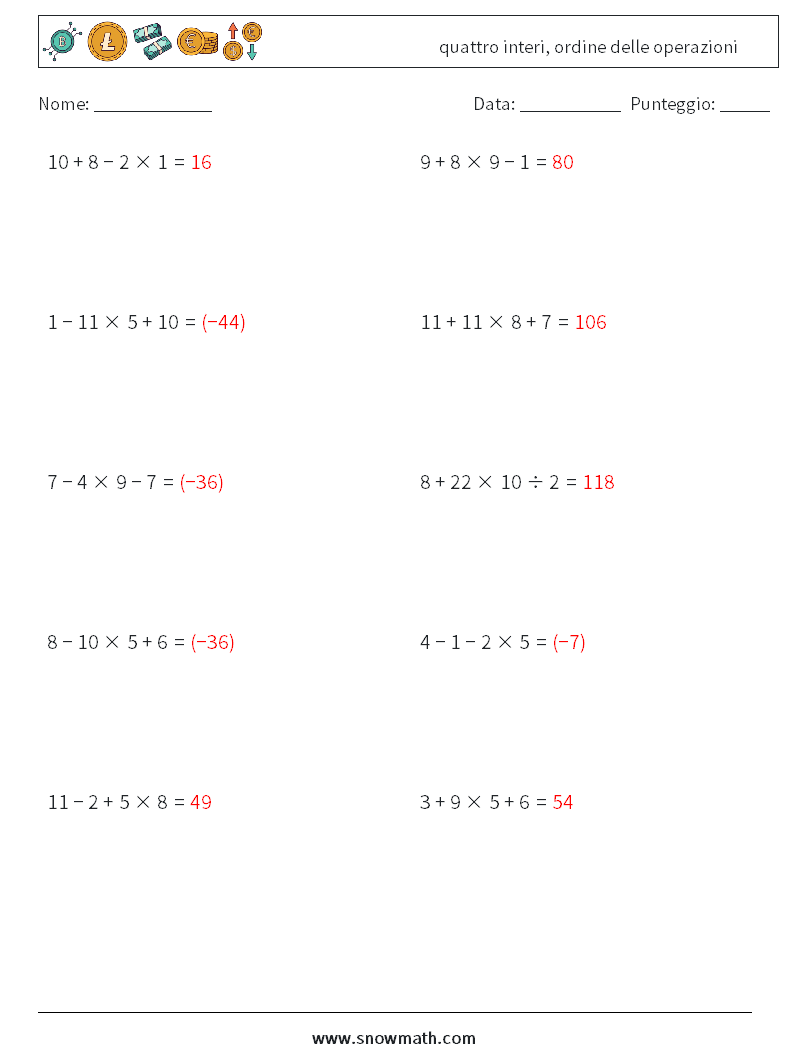 (10) quattro interi, ordine delle operazioni Fogli di lavoro di matematica 13 Domanda, Risposta