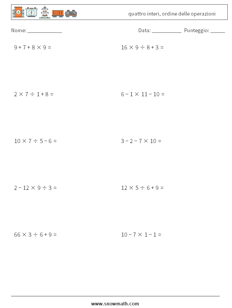 (10) quattro interi, ordine delle operazioni Fogli di lavoro di matematica 14