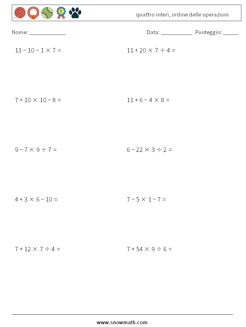 (10) quattro interi, ordine delle operazioni Fogli di lavoro di matematica 15