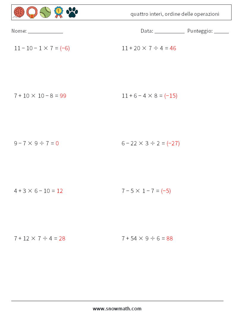 (10) quattro interi, ordine delle operazioni Fogli di lavoro di matematica 15 Domanda, Risposta