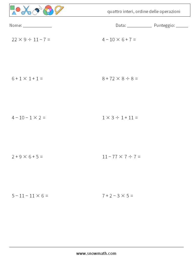 (10) quattro interi, ordine delle operazioni Fogli di lavoro di matematica 16