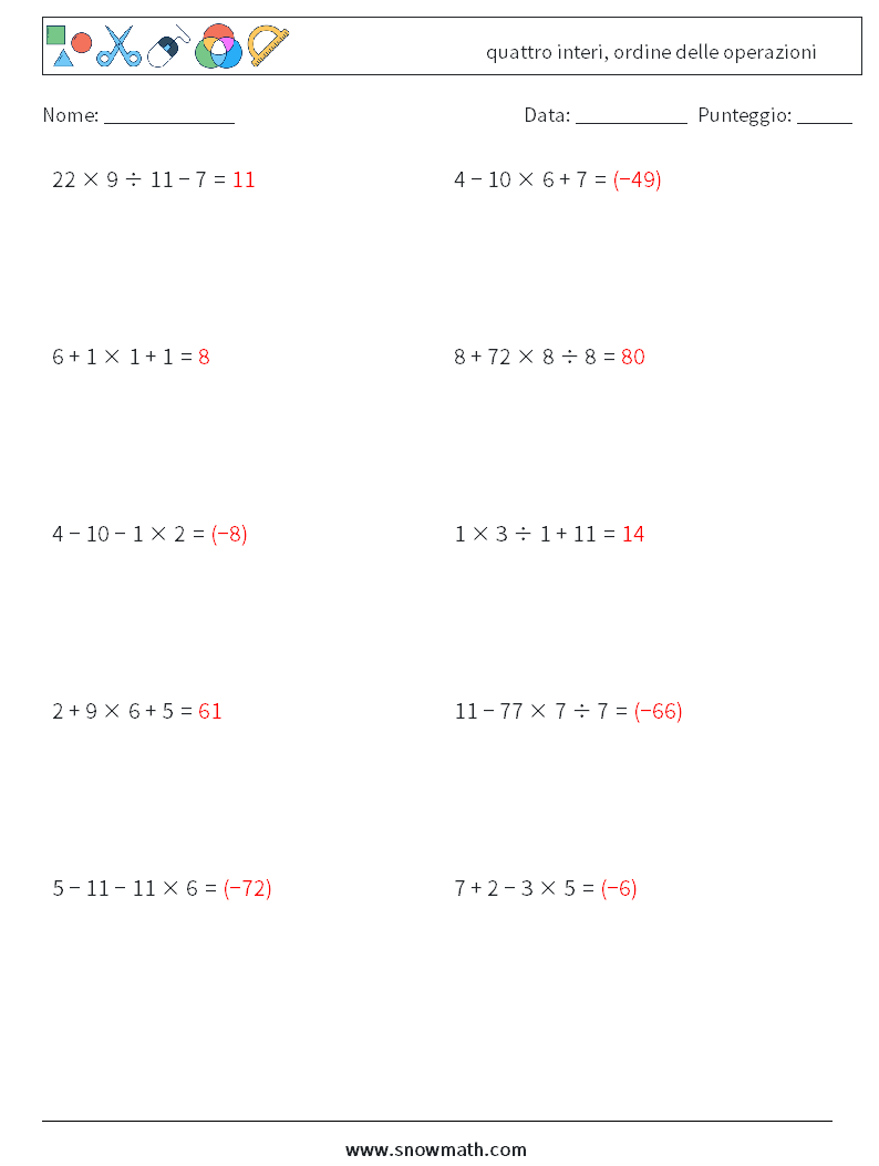 (10) quattro interi, ordine delle operazioni Fogli di lavoro di matematica 16 Domanda, Risposta
