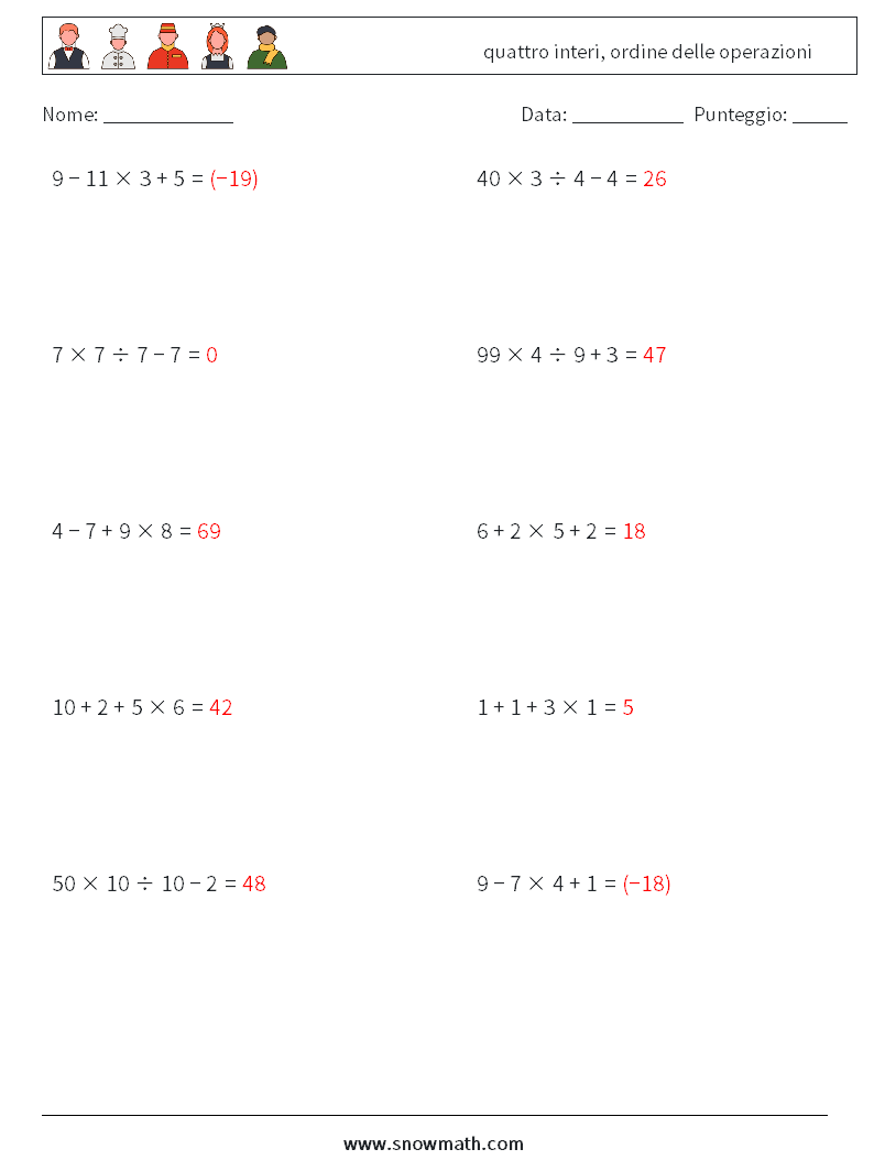 (10) quattro interi, ordine delle operazioni Fogli di lavoro di matematica 17 Domanda, Risposta