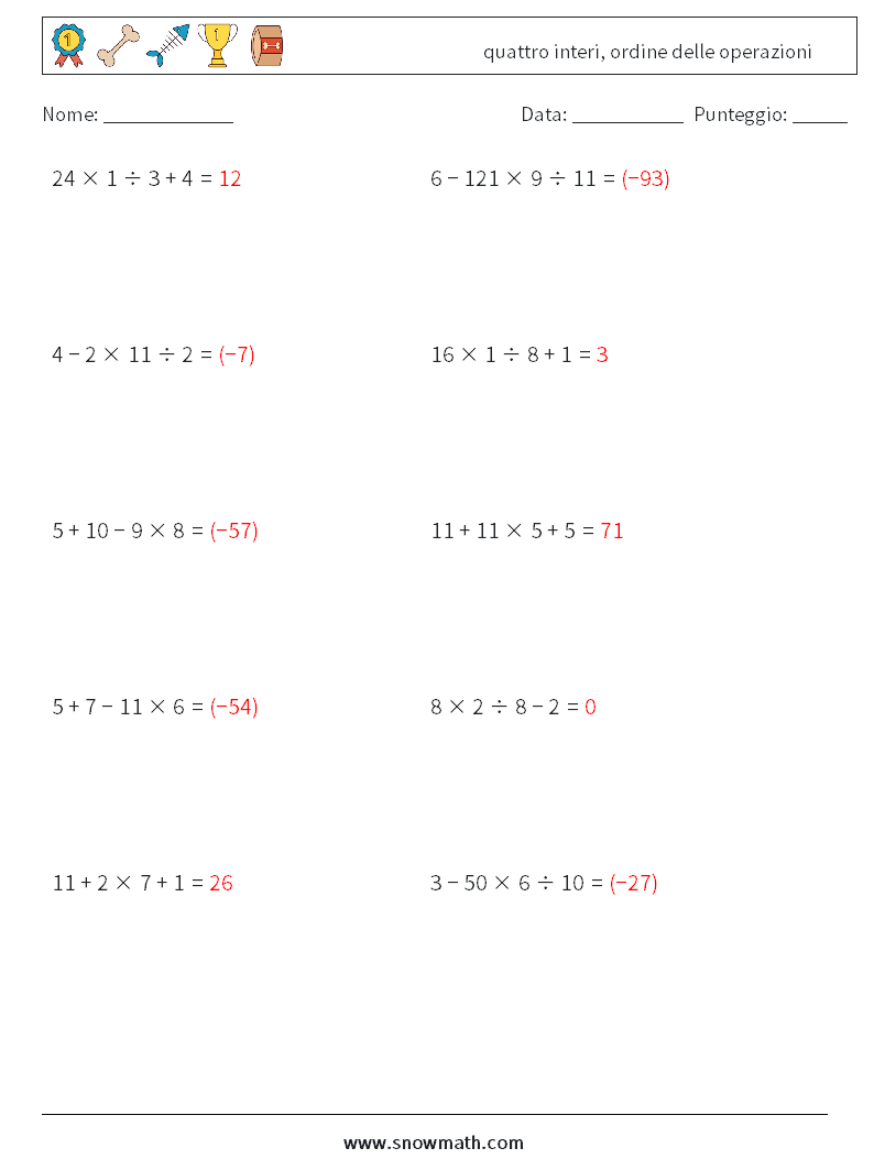 (10) quattro interi, ordine delle operazioni Fogli di lavoro di matematica 18 Domanda, Risposta