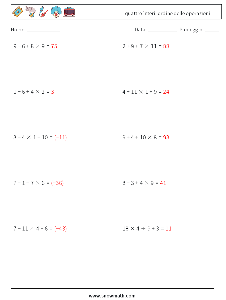 (10) quattro interi, ordine delle operazioni Fogli di lavoro di matematica 2 Domanda, Risposta