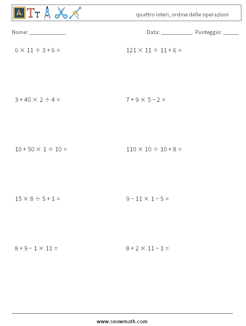 (10) quattro interi, ordine delle operazioni Fogli di lavoro di matematica 3