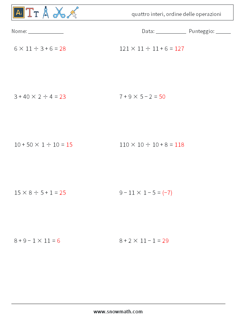 (10) quattro interi, ordine delle operazioni Fogli di lavoro di matematica 3 Domanda, Risposta