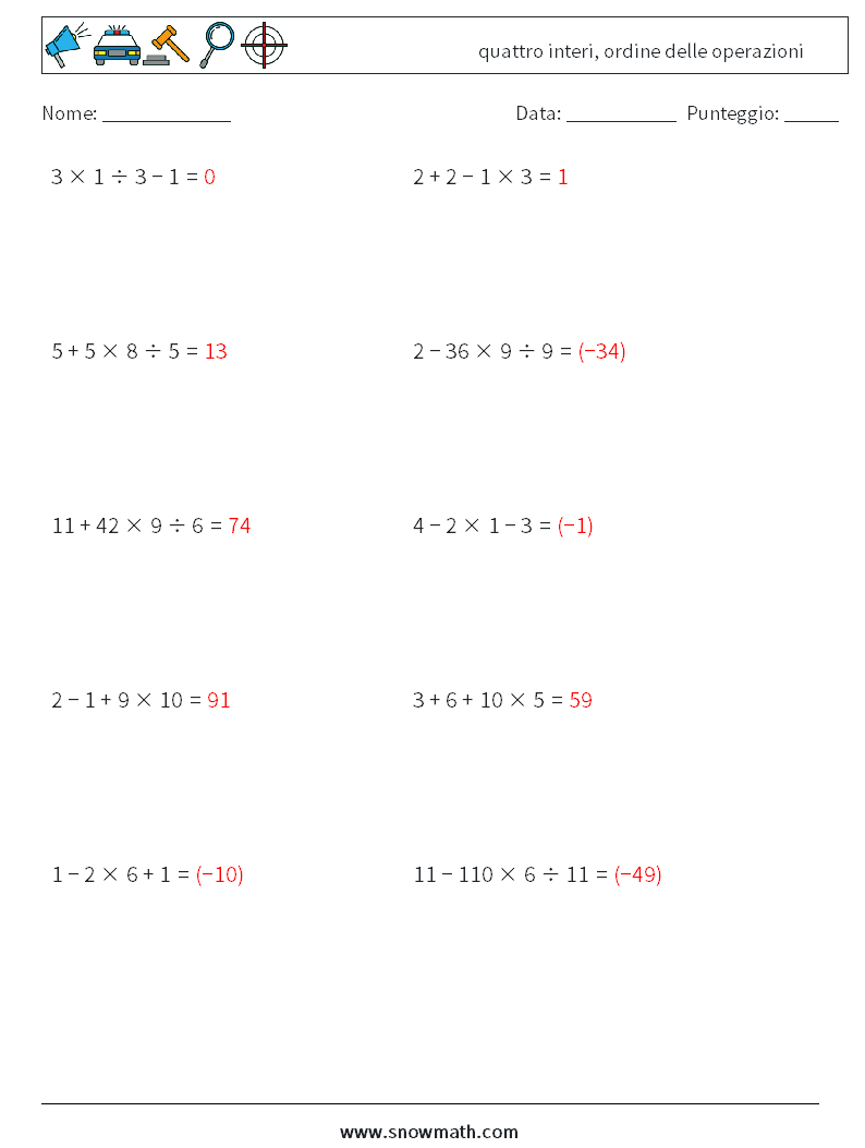 (10) quattro interi, ordine delle operazioni Fogli di lavoro di matematica 5 Domanda, Risposta