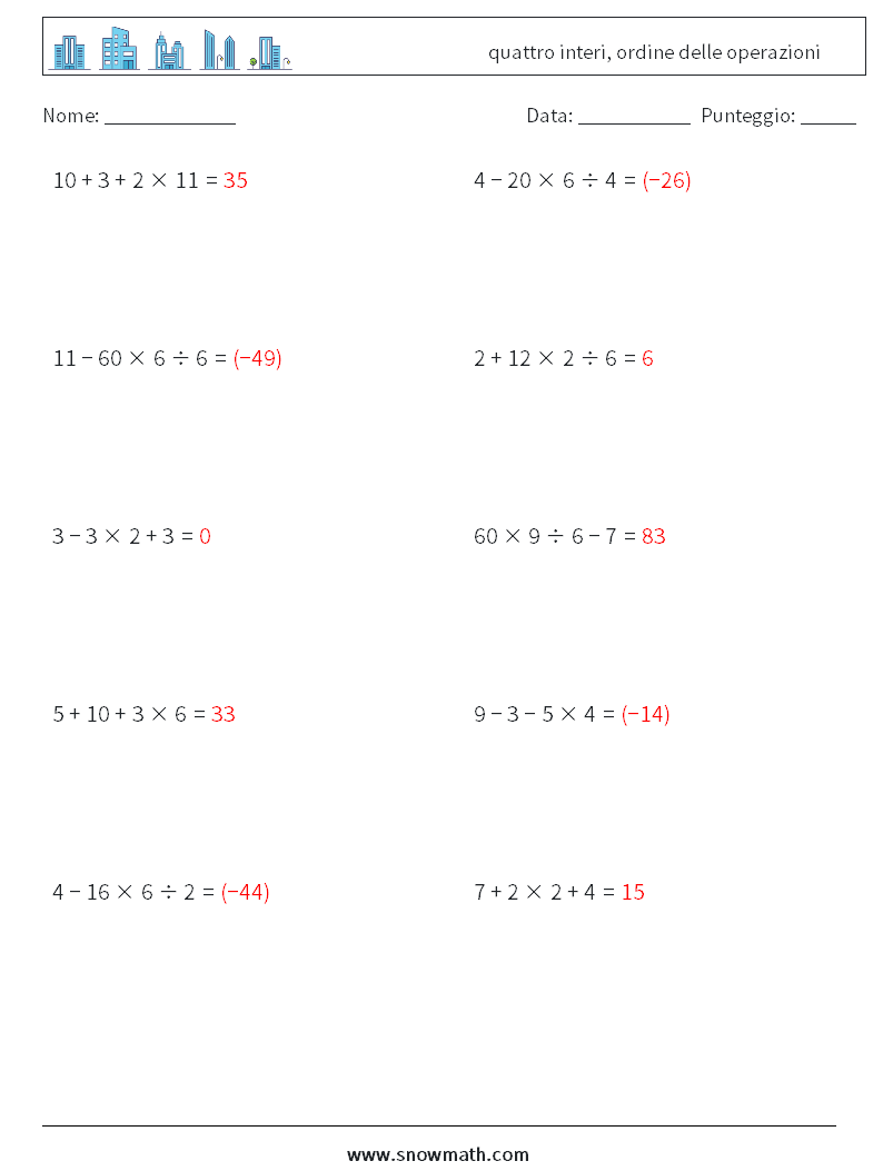 (10) quattro interi, ordine delle operazioni Fogli di lavoro di matematica 6 Domanda, Risposta
