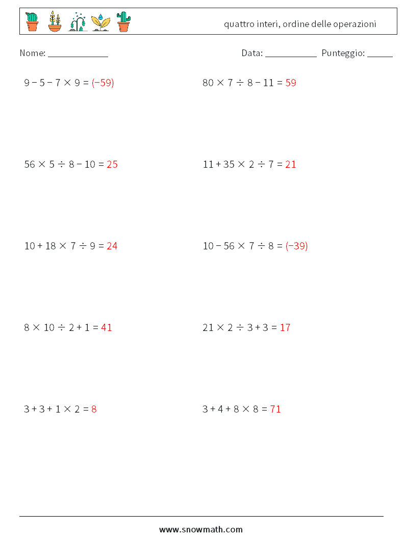 (10) quattro interi, ordine delle operazioni Fogli di lavoro di matematica 7 Domanda, Risposta