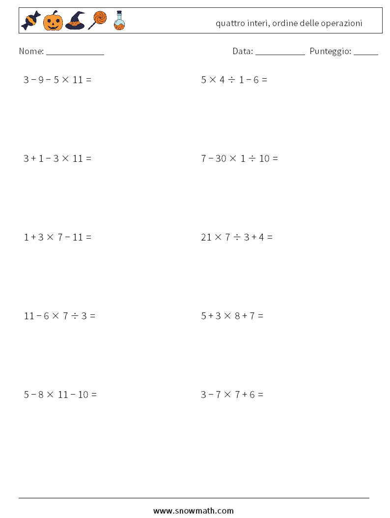 (10) quattro interi, ordine delle operazioni Fogli di lavoro di matematica 9