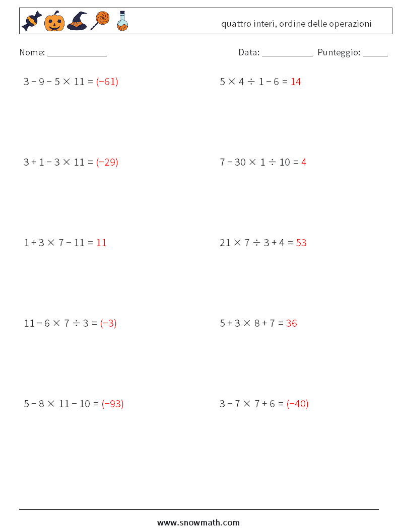 (10) quattro interi, ordine delle operazioni Fogli di lavoro di matematica 9 Domanda, Risposta